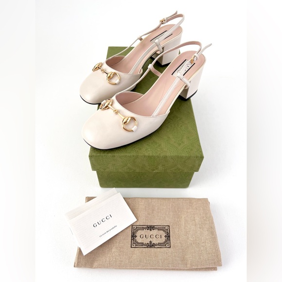 GUCCI || Lady Horsebit White Leather Slingback Closed Toe Block Heel Pumps 7.5 - Picture 2 of 14